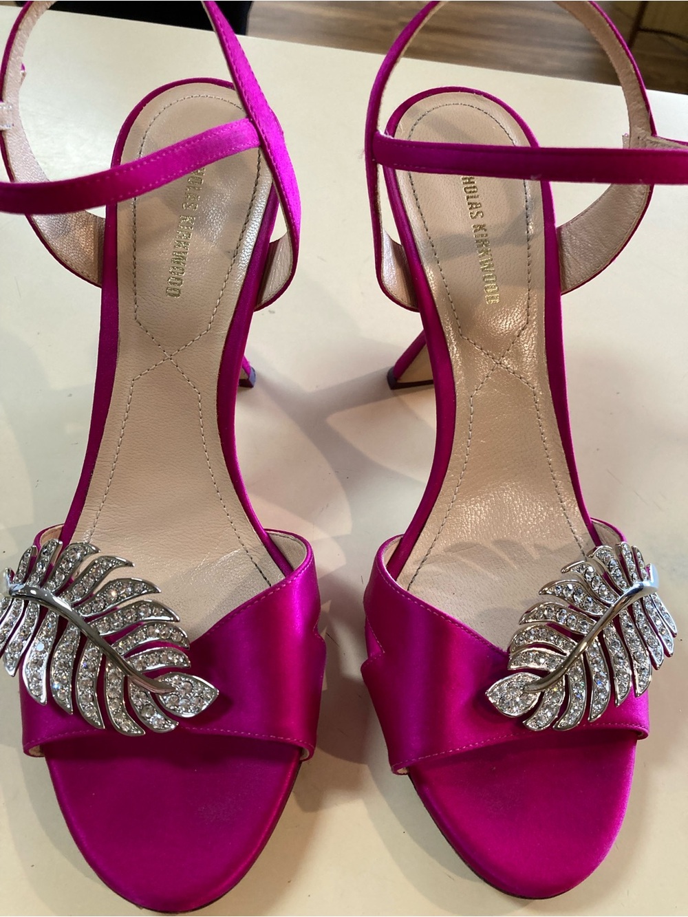 Nicholas Kirkwood Fuchsia Satin Crystal Monstera leaf -Heel Sandals